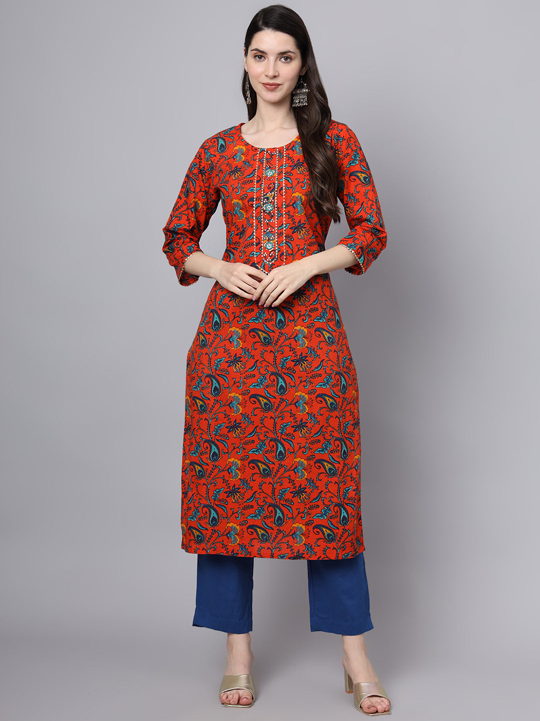 Divena Floral Printed Gotta Patti Pure Cotton Kurta With Trousers & Dupatta