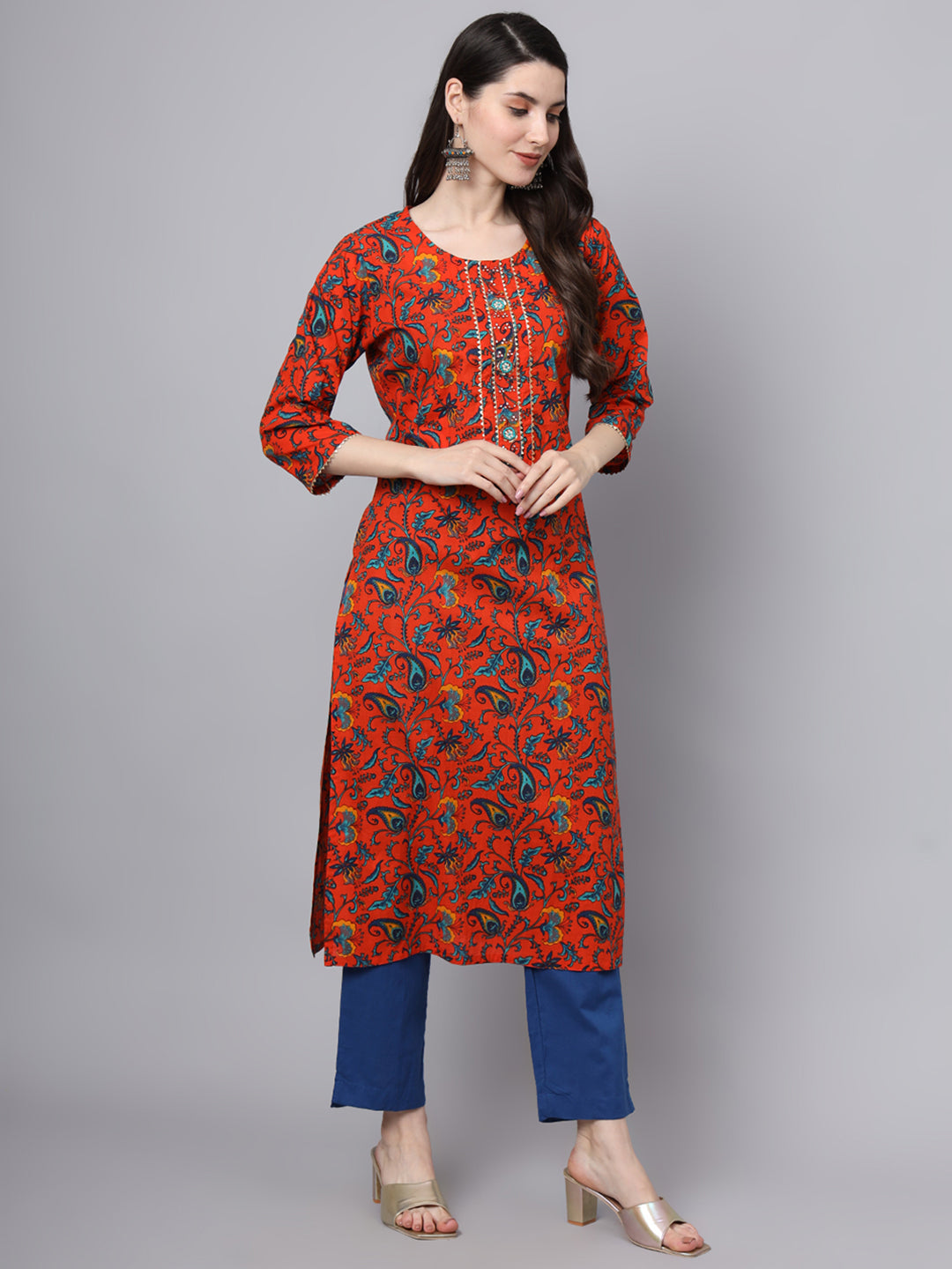 Divena Floral Printed Gotta Patti Pure Cotton Kurta With Trousers & Dupatta