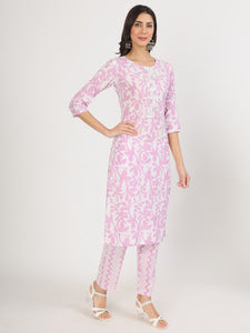 Divena Purple Floral Print Cotton Kurta pant with Dupatta set