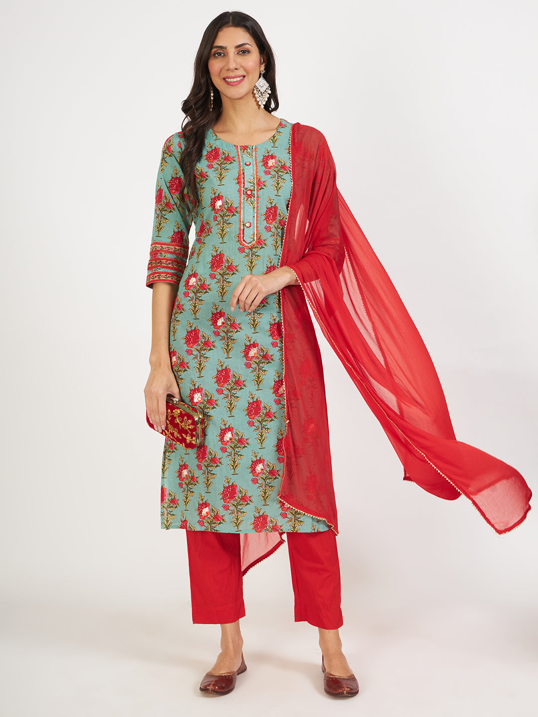 Green Floral Print Cotton Kurta pant with Dupatta set — view 1