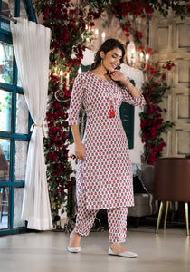 Divena White & Red Floral Printed Cotton Kurta with Trouser