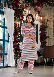 Divena White & Red Floral Printed Cotton Kurta with Trouser