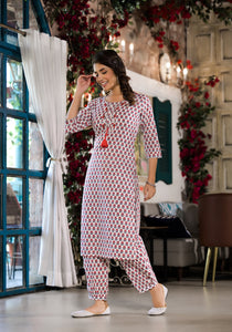 Divena White & Red Floral Printed Cotton Kurta with Trouser