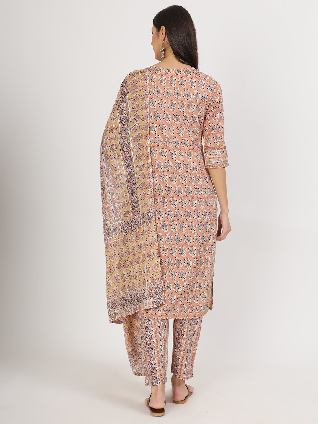 Divena Brown Embroidered Cotton Kurta pants with Dupatta set