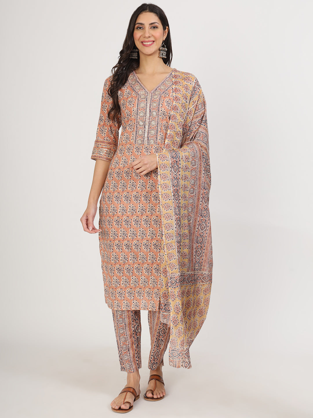 Divena Brown Embroidered Cotton Kurta pants with Dupatta set