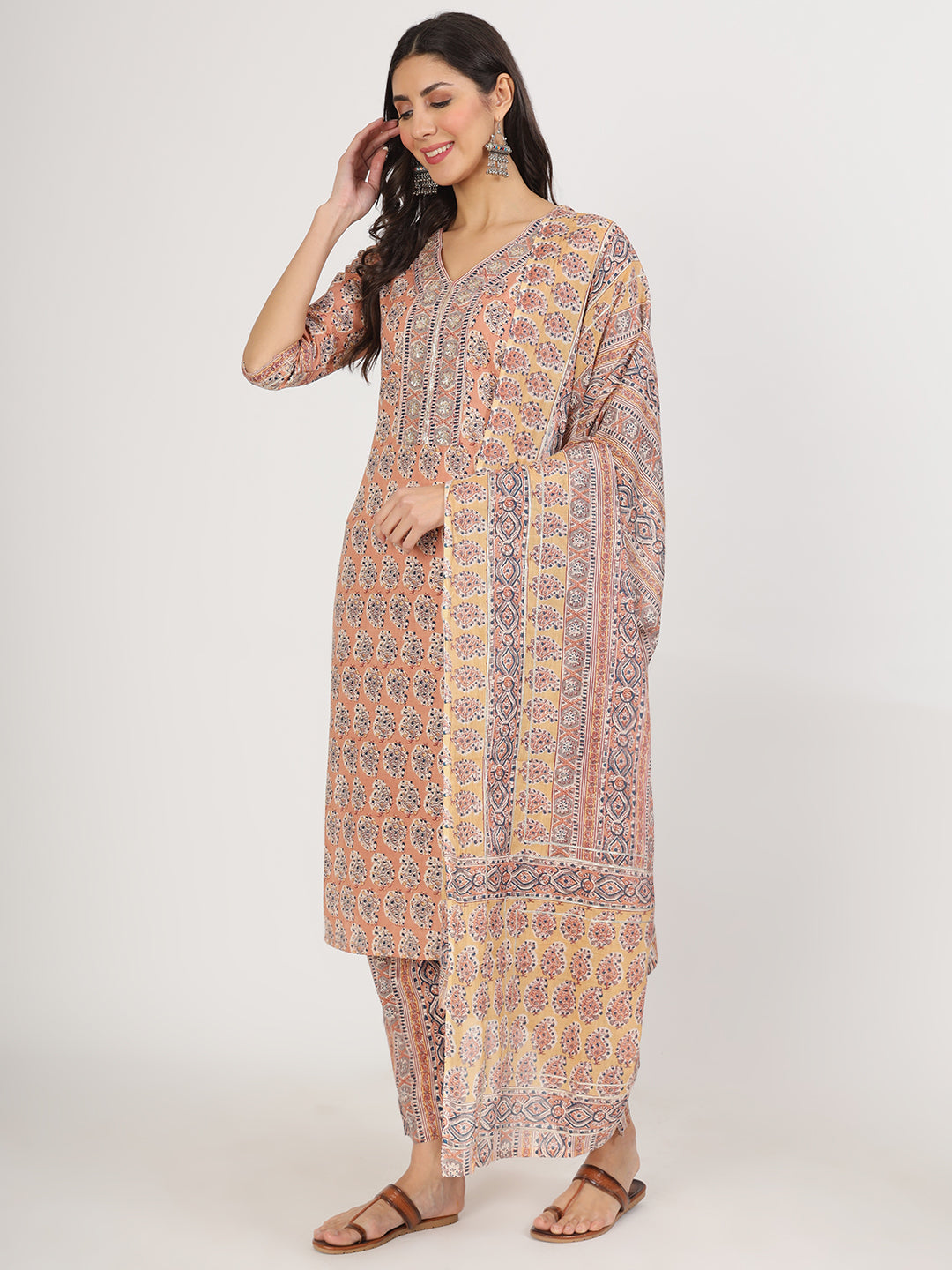 Divena Brown Embroidered Cotton Kurta pants with Dupatta set