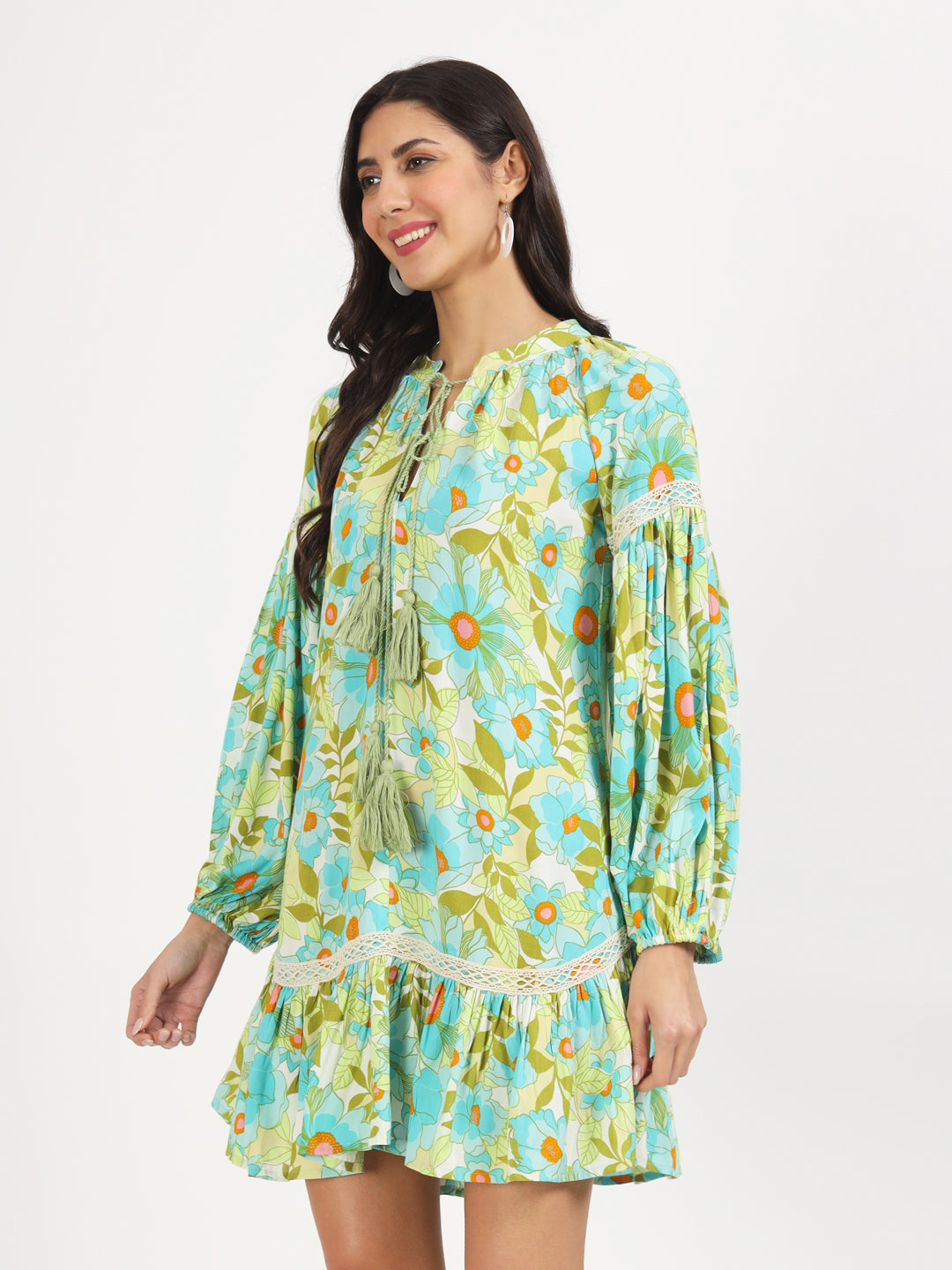 Divena Green Floral Printed Rayon Dress