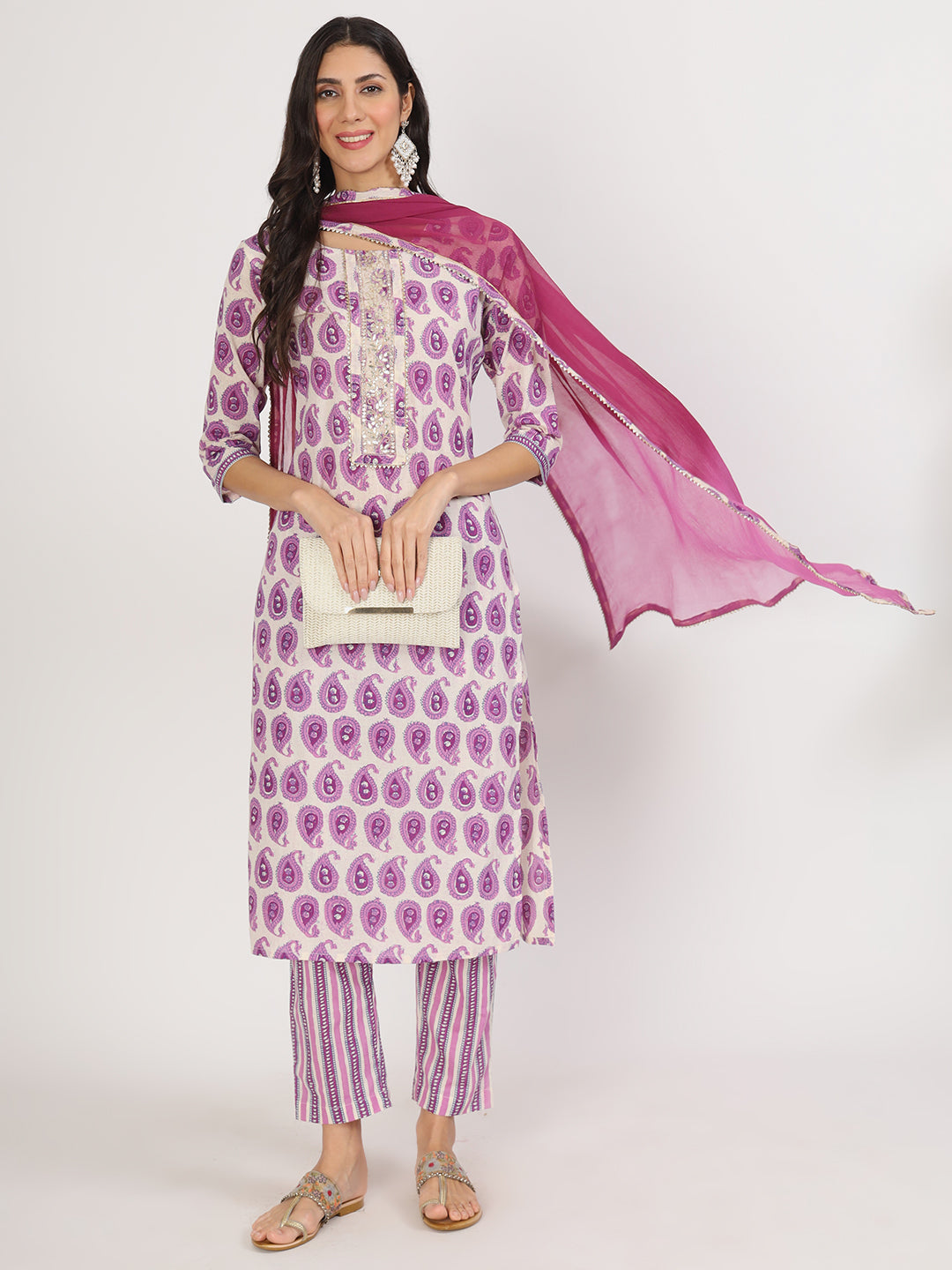 Purple Floral Printed Straight Kurta Pant Set — view 1