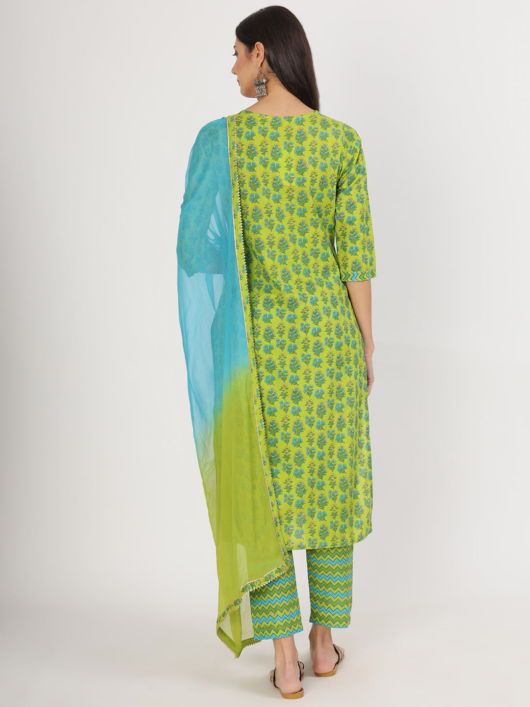 Divena Green Floral Print Cotton Kurta Pants with Dupatta set for women