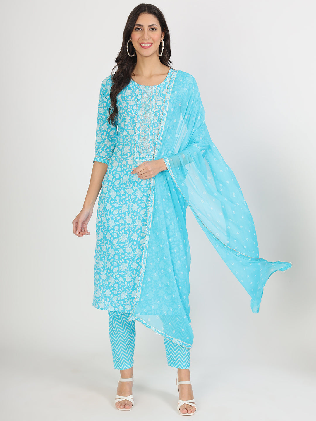 Turquoise blue Floral Print Cotton Kurta pants with Dupatta set for women — view 1