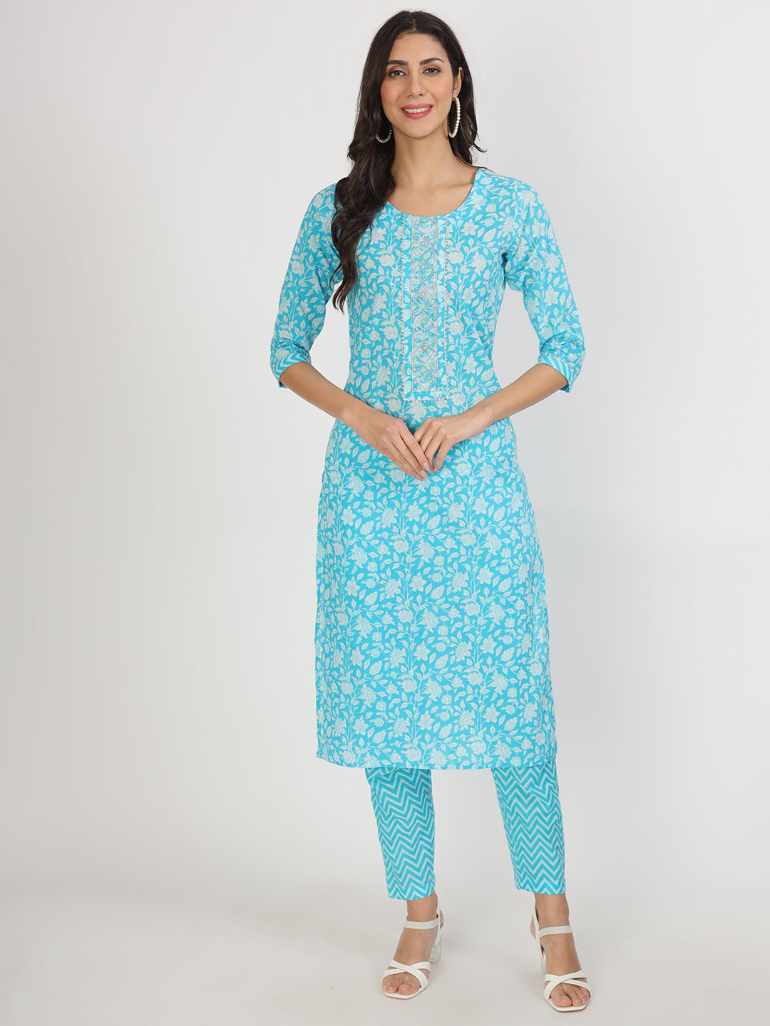 Divena turquoise blue Floral Print Cotton Kurta pants with Dupatta set for women