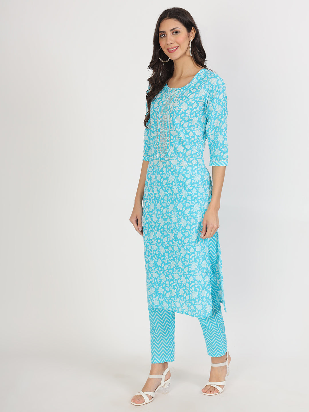 Divena turquoise blue Floral Print Cotton Kurta pants with Dupatta set for women