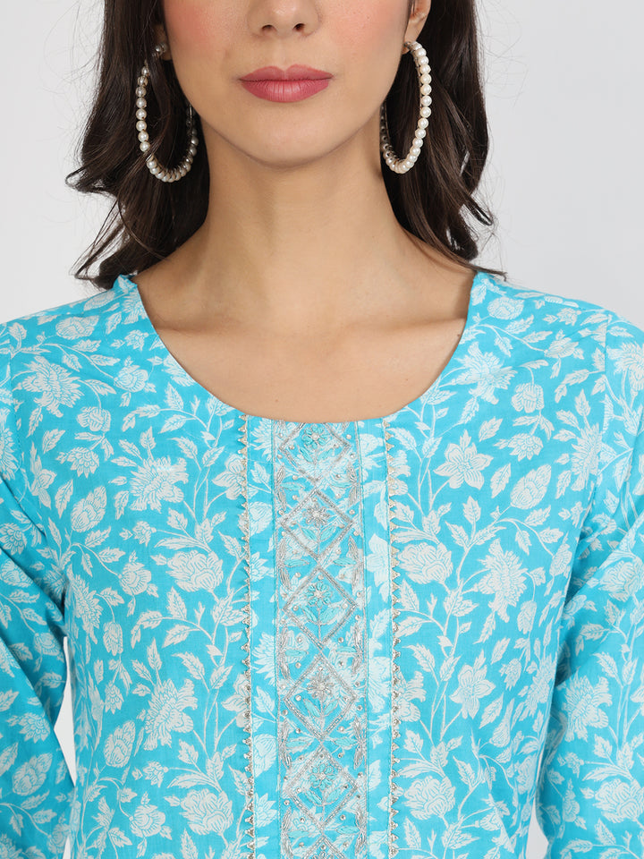 Divena turquoise blue Floral Print Cotton Kurta pants with Dupatta set for women