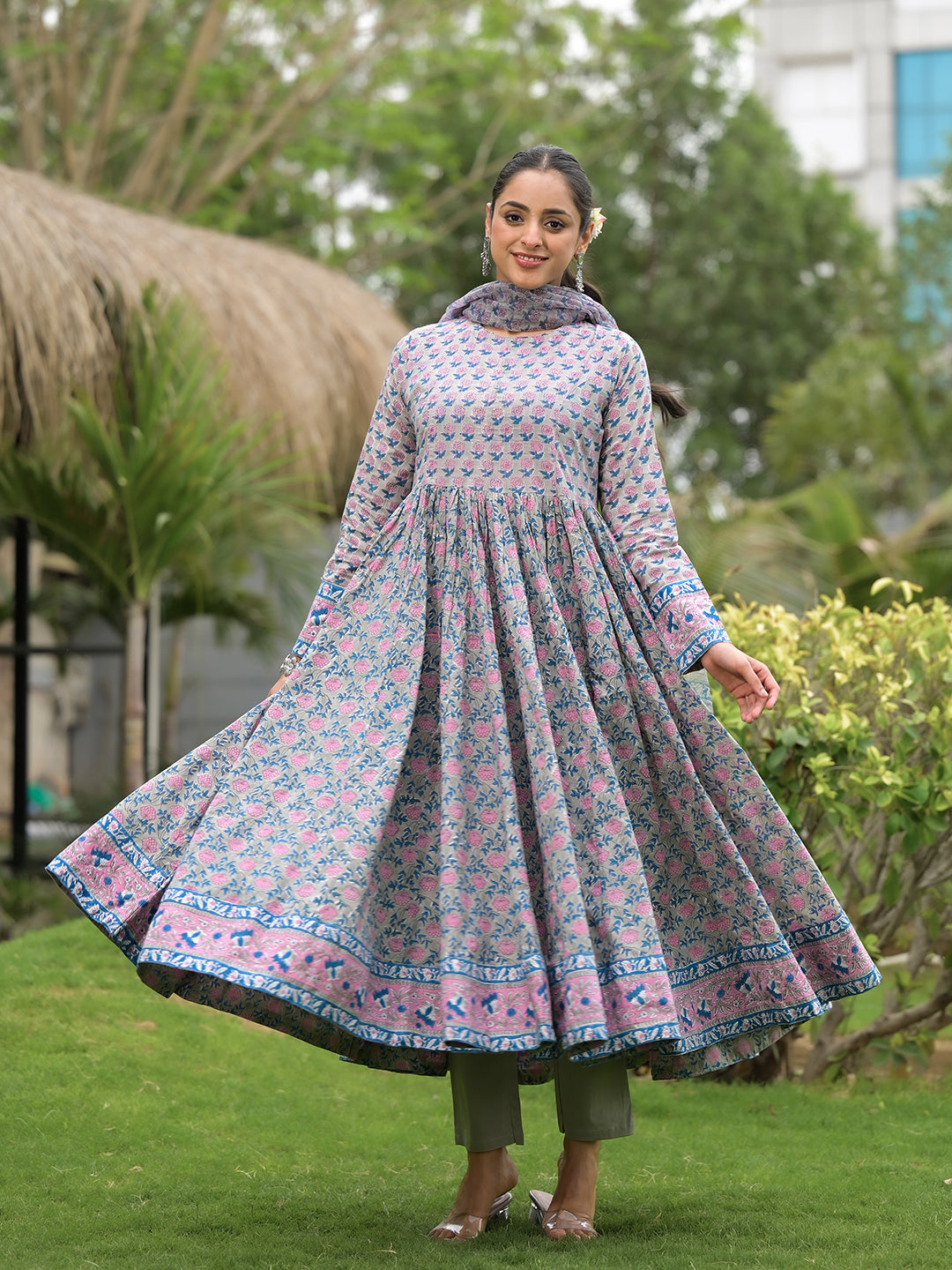 Floral Printed Round Neck Pure Cotton Anarkali Kurta With Trousers & Dupatta — view 1