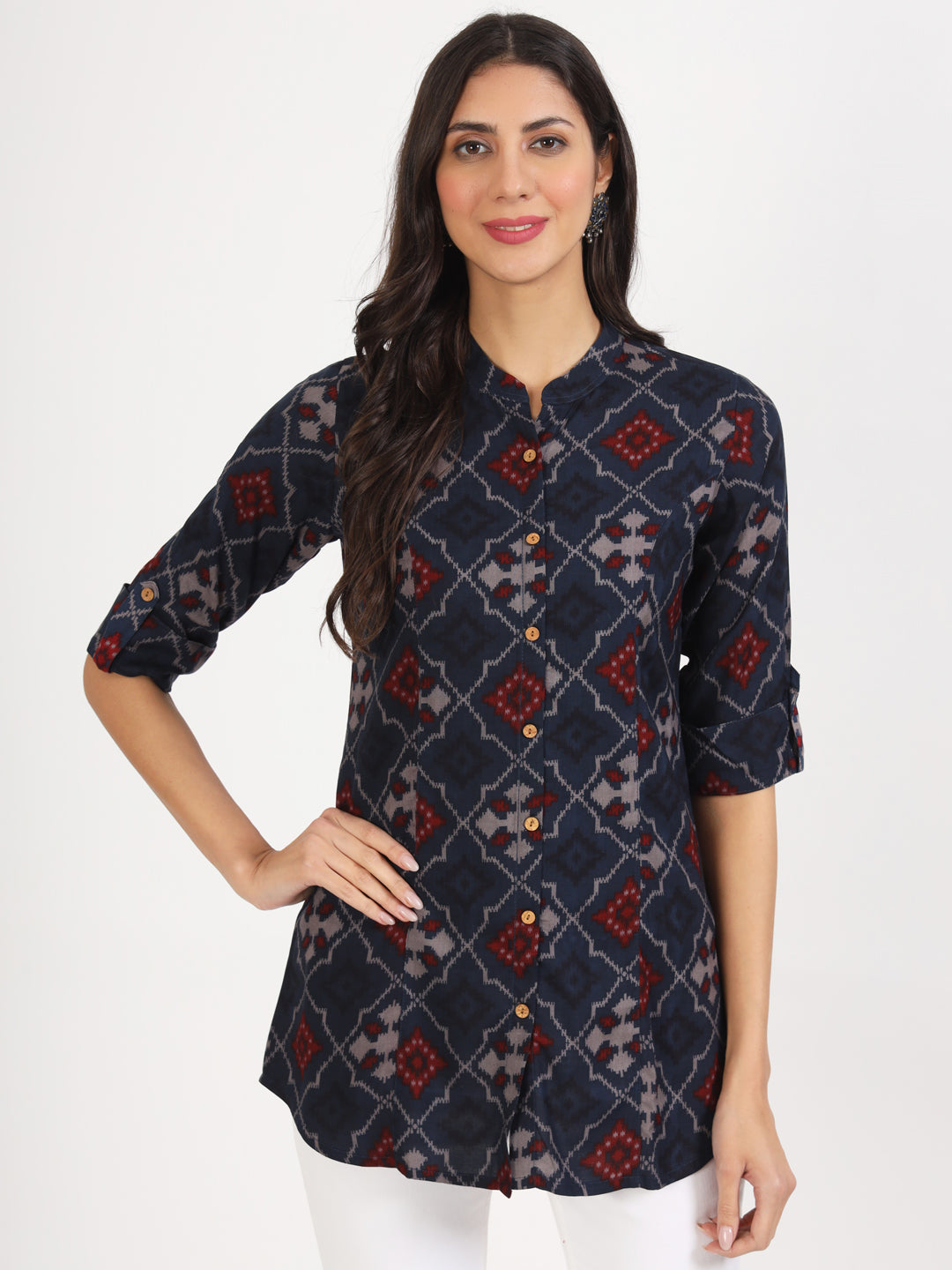 Blue Geometric Printed Rayon Top — view 1