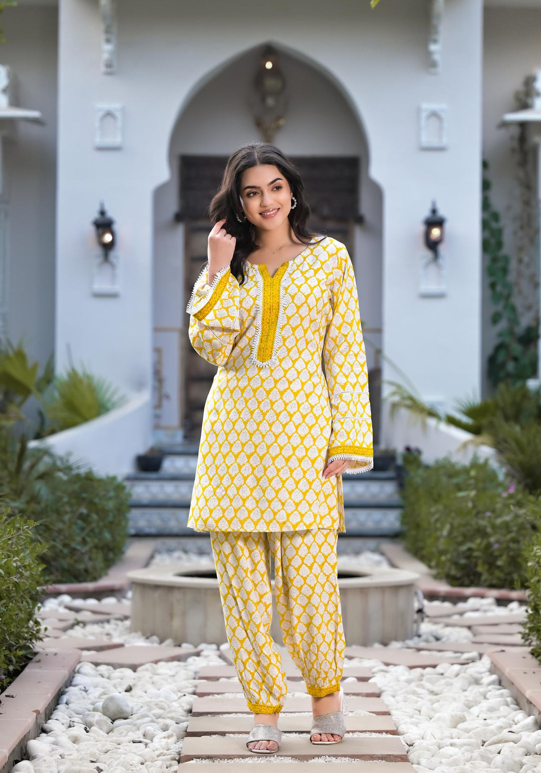Yellow Floral Print Rayon Kurta set for women — view 1