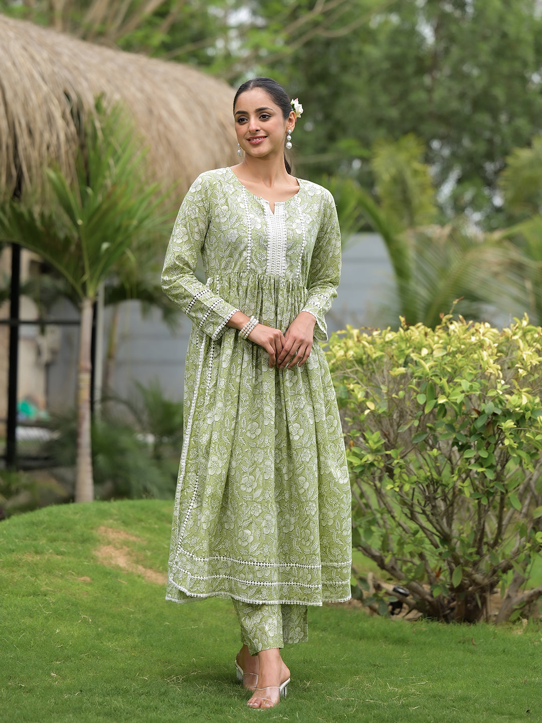 Divena Green Floral Print Cotton Nyra Cut Kurta Pant Set