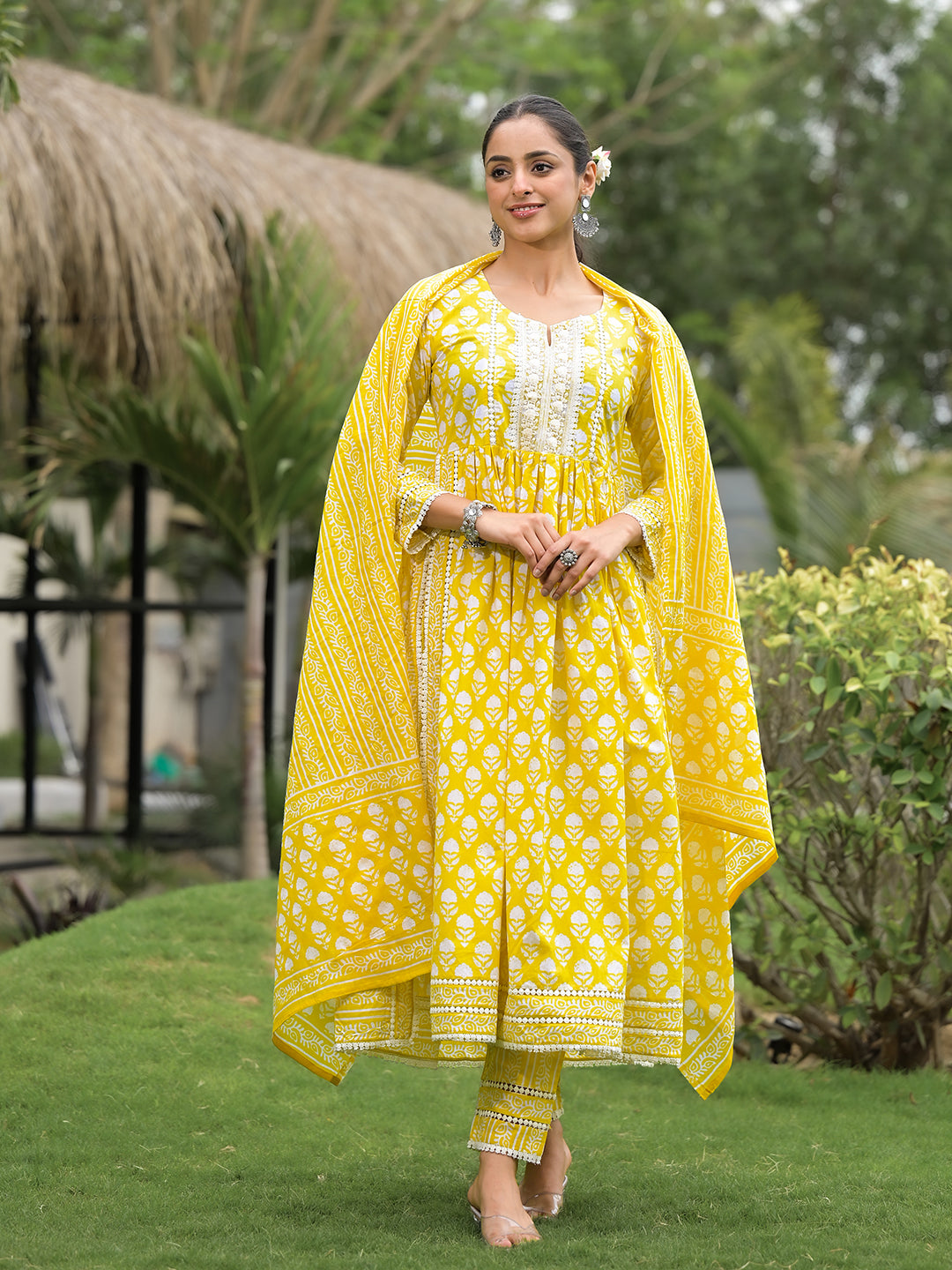 Yellow Floral Print Cotton Kurta Pants with Dupatta set for women — view 1