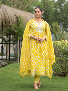 Divena Yellow Floral Print Cotton Kurta Pants with Dupatta set for women