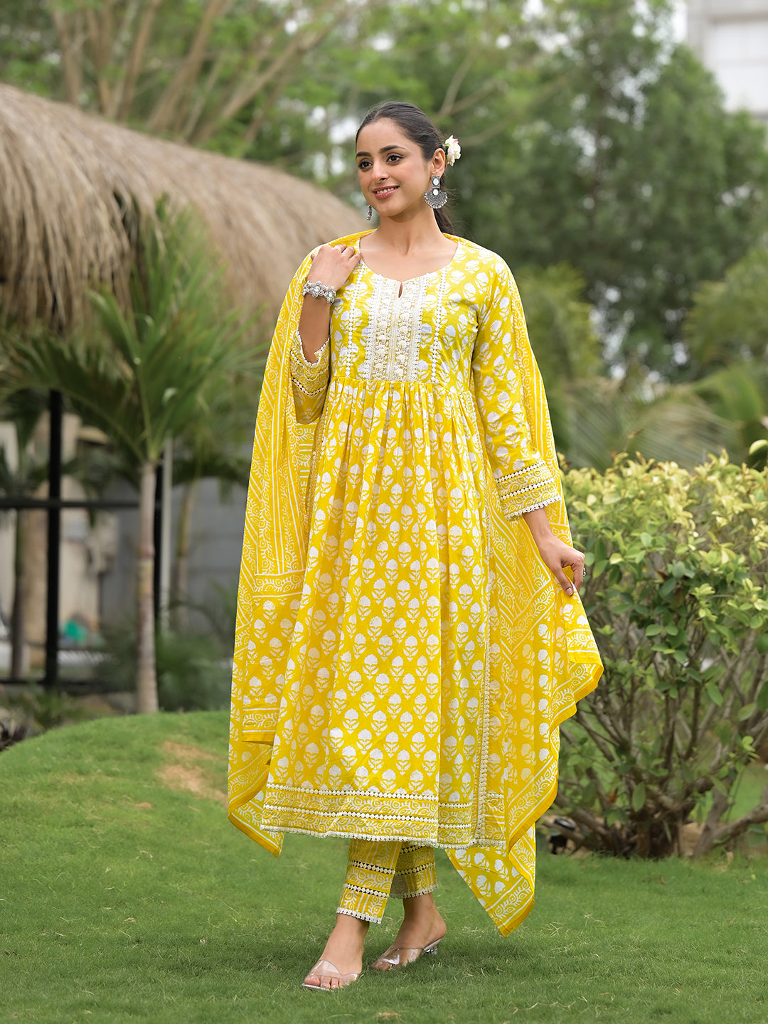 Divena Yellow Floral Print Cotton Kurta Pants with Dupatta set for women