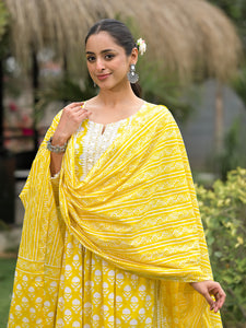 Divena Yellow Floral Print Cotton Kurta Pants with Dupatta set for women