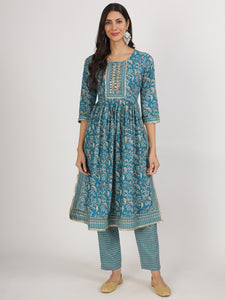 Divena Teal Blue Floral Print Cotton Nyra Cut Kurta pants with Dupatta set