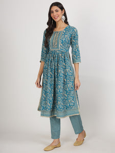 Divena Teal Blue Floral Print Cotton Nyra Cut Kurta pants with Dupatta set