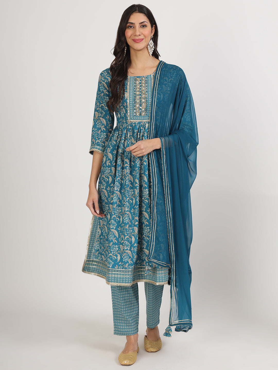 Divena Teal Blue Floral Print Cotton Nyra Cut Kurta pants with Dupatta set