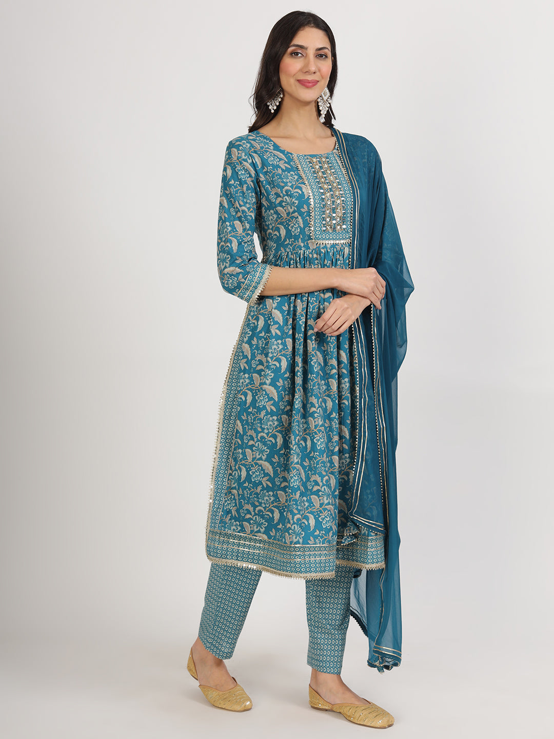 Divena Teal Blue Floral Print Cotton Nyra Cut Kurta pants with Dupatta set