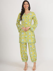 Divena Mustard Floral Print Rayon Co-ord set