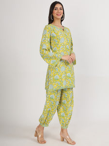 Divena Mustard Floral Print Rayon Co-ord set