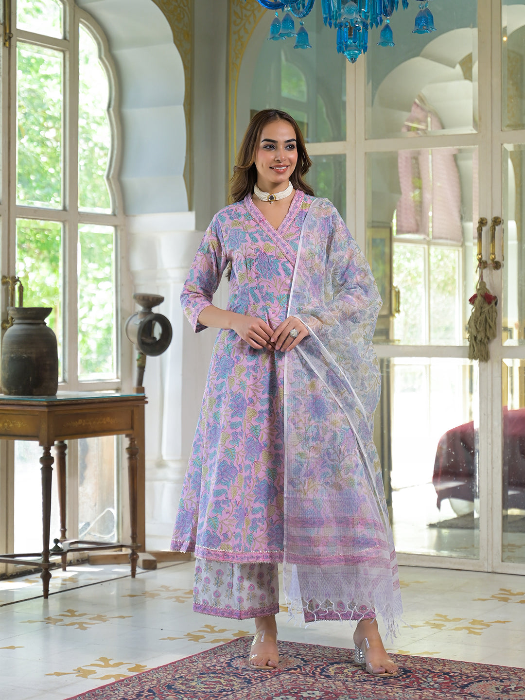 Pink Cotton Block Print Angarakha Kurta Pant with Dupatta — view 1