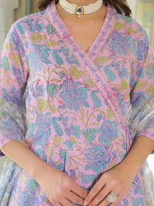 Divena Pink Cotton Block Print Angarakha Kurta Pant with Dupatta