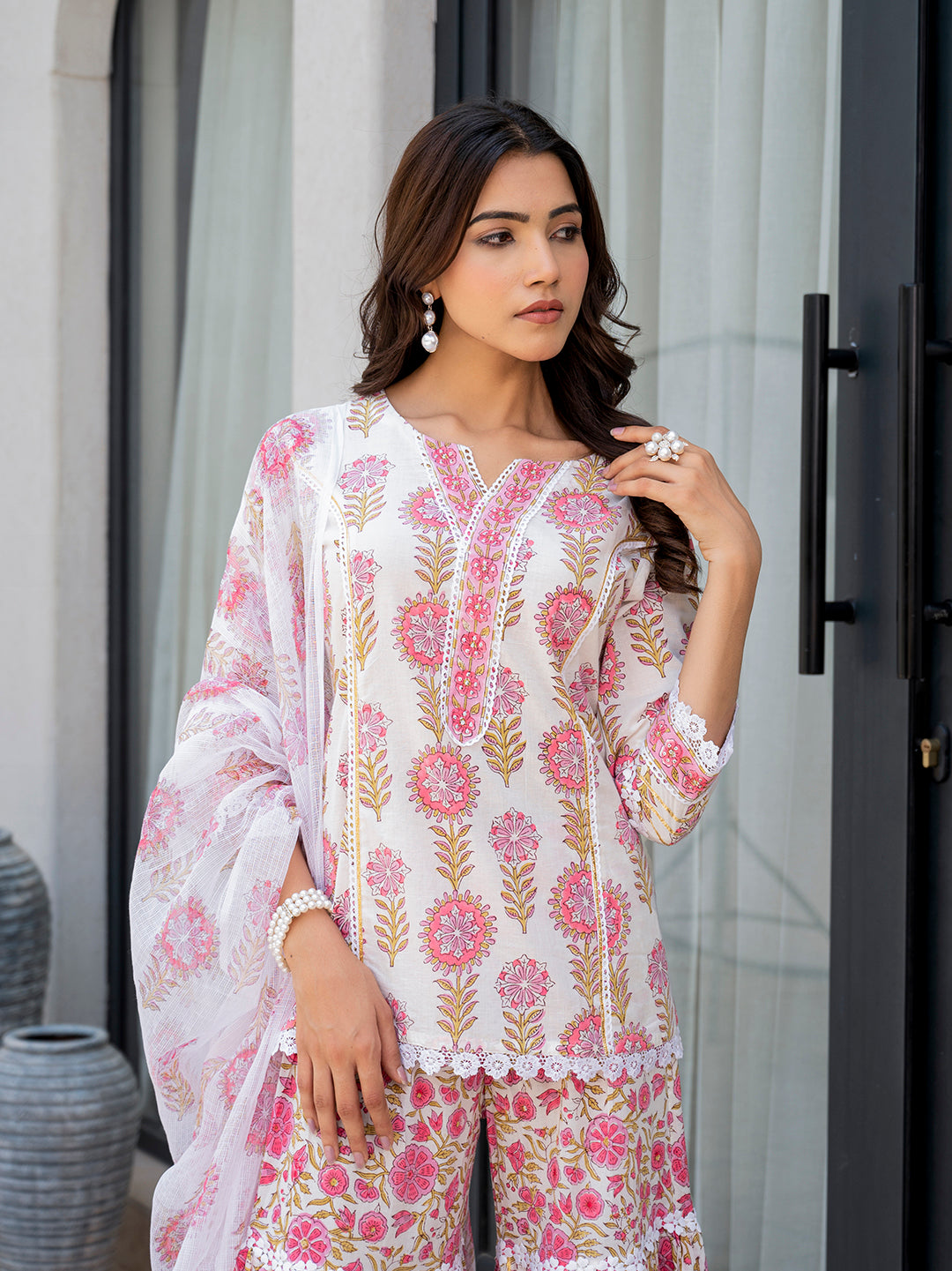 Divena White Floral Print Pure Cotton Kurta Sharara Set for Women