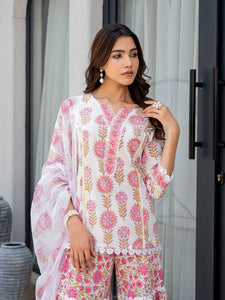 Divena White Floral Print Pure Cotton Kurta Sharara Set for Women