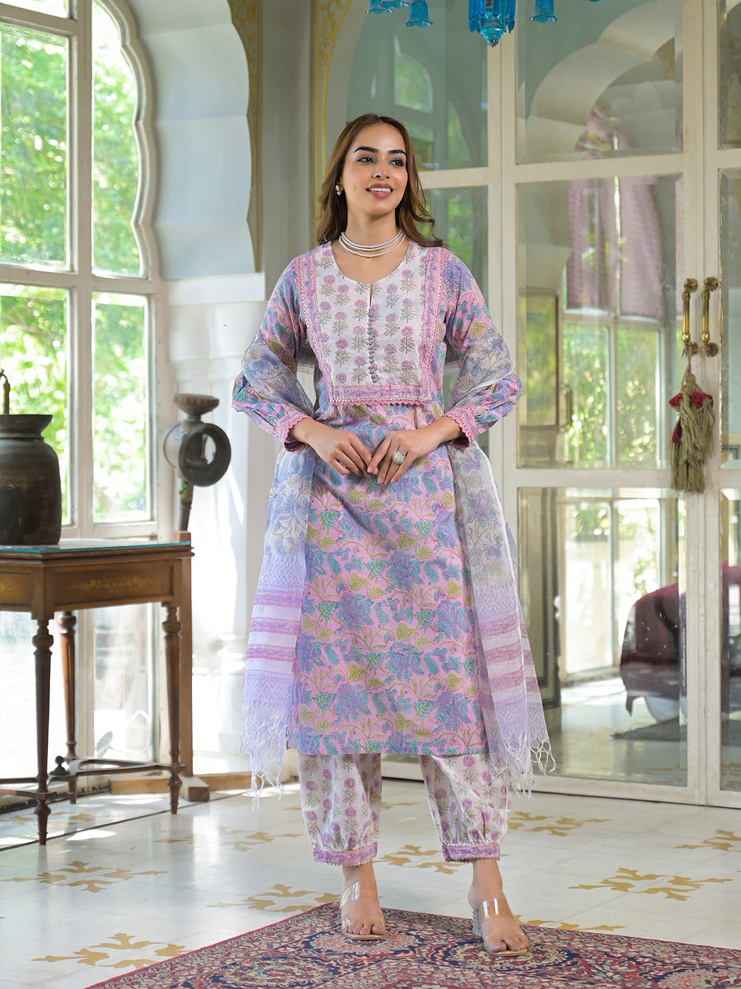 Pink Cotton Block Print Straight Kurta Pant With Dupatta — view 1