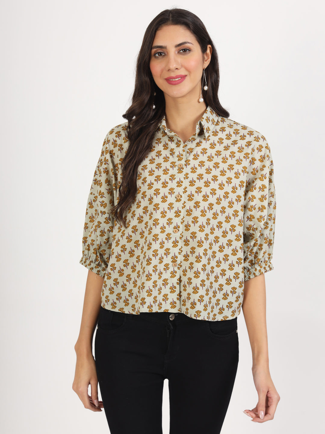 Green Floral Printed Cotton Tops — view 1