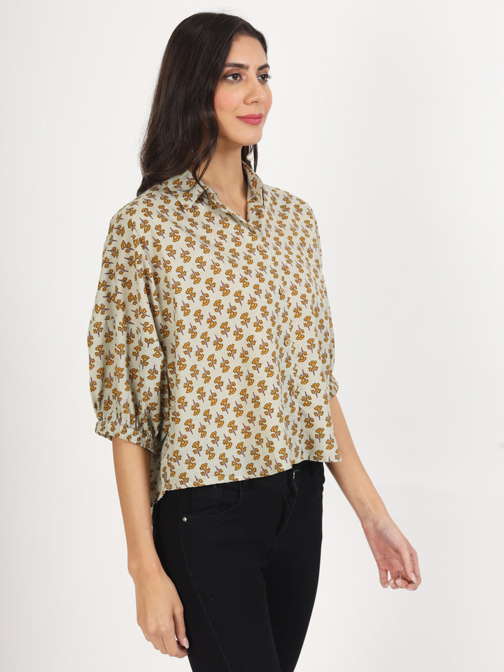 Divena Green Floral Printed Cotton Tops