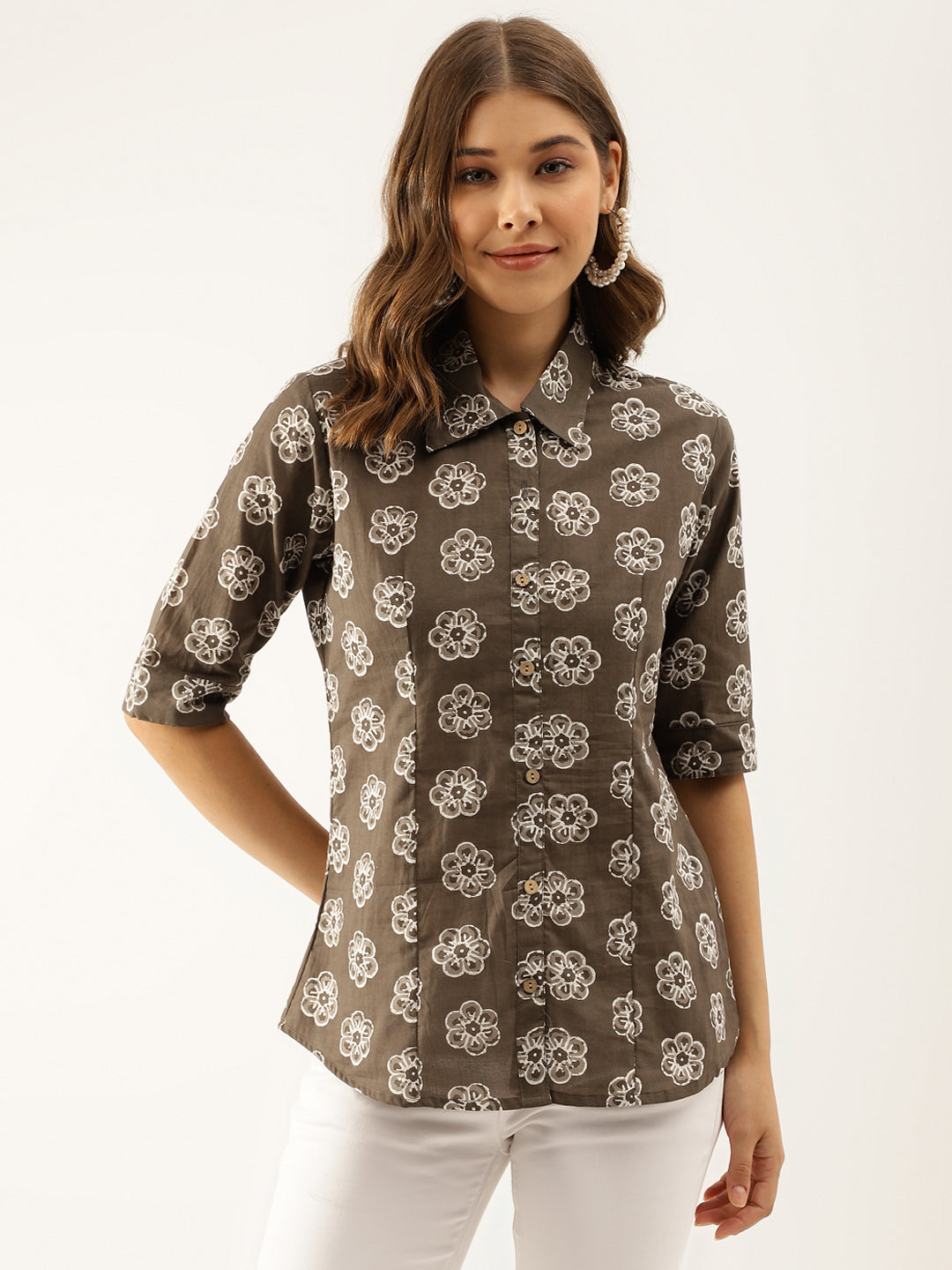 Brown Block Printed Casual Women Shirts — view 1