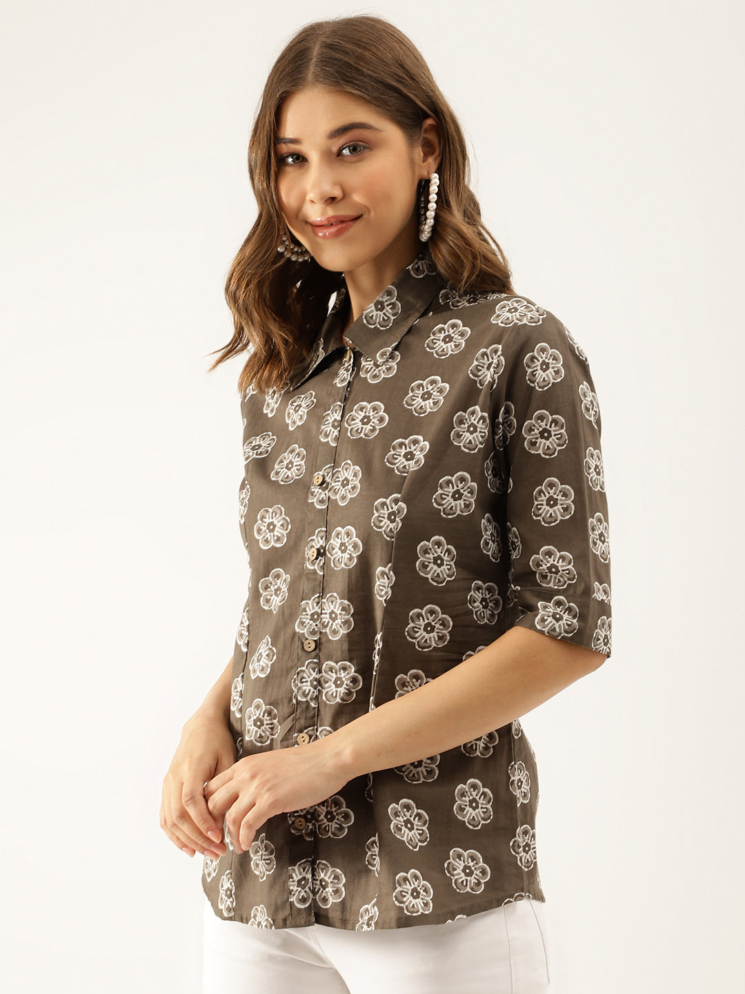 Divena Brown Block Printed Casual Women Shirts