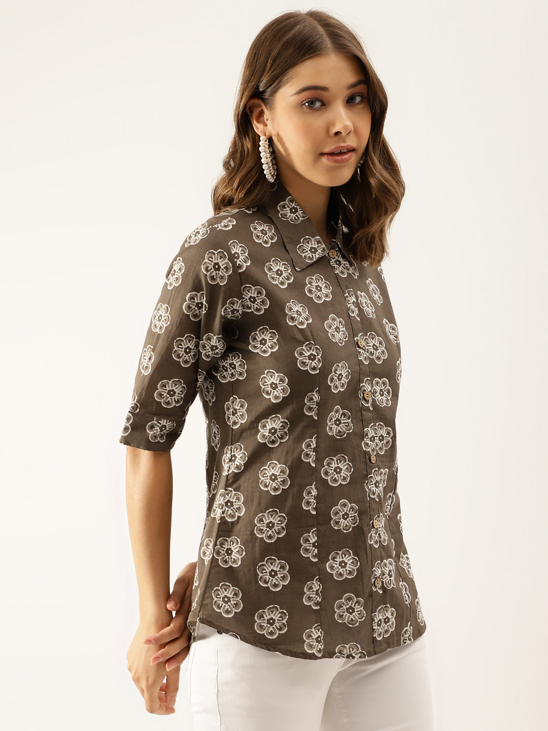 Divena Brown Block Printed Casual Women Shirts