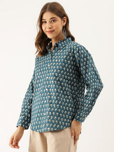 Divena Turquoise Blue Ethnic Motif Printed Casual Women Shirts
