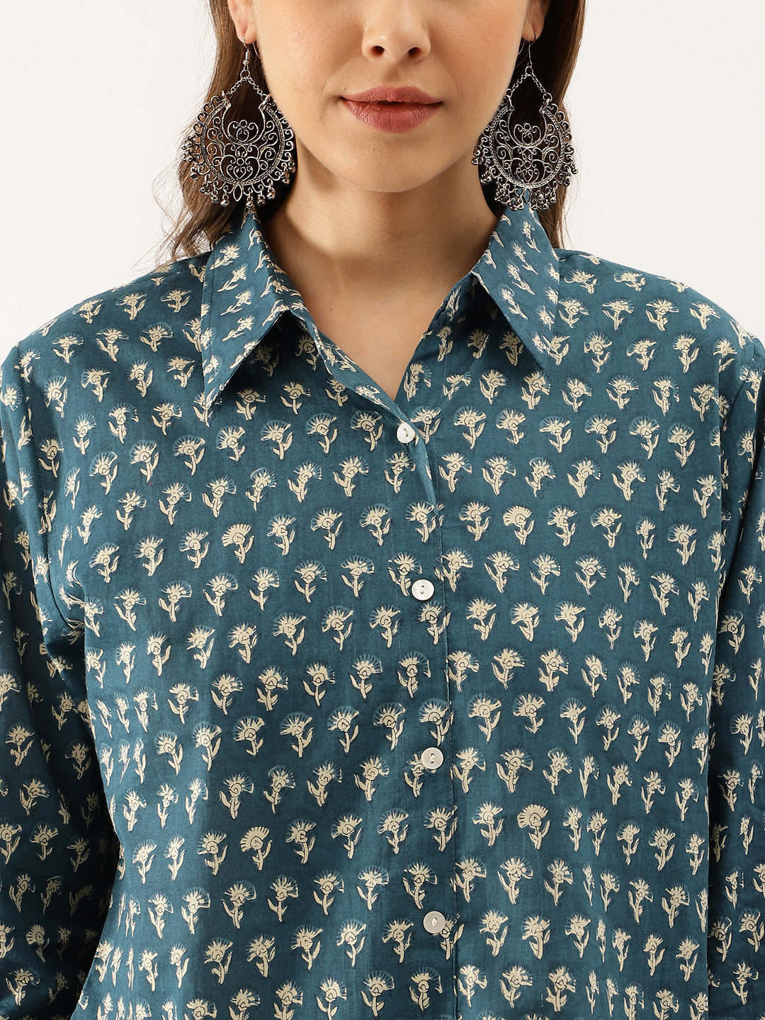 Divena Turquoise Blue Ethnic Motif Printed Casual Women Shirts