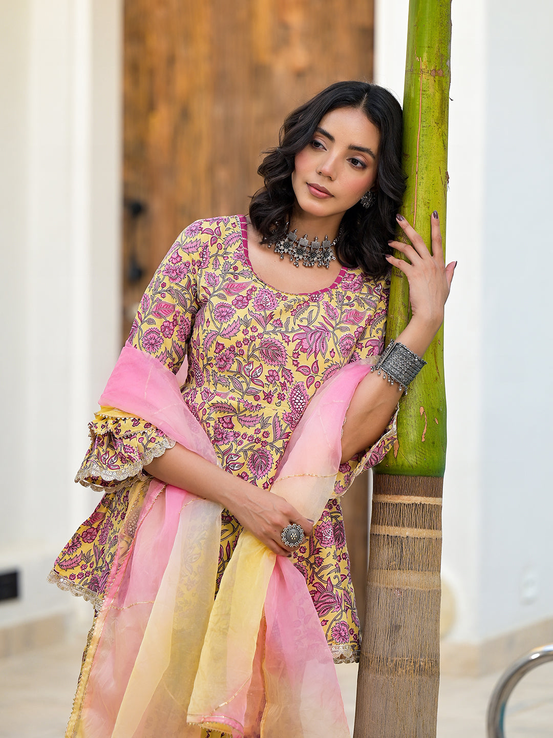 Divena Yellow Floral Print Cotton Kurta Sharara Set for women