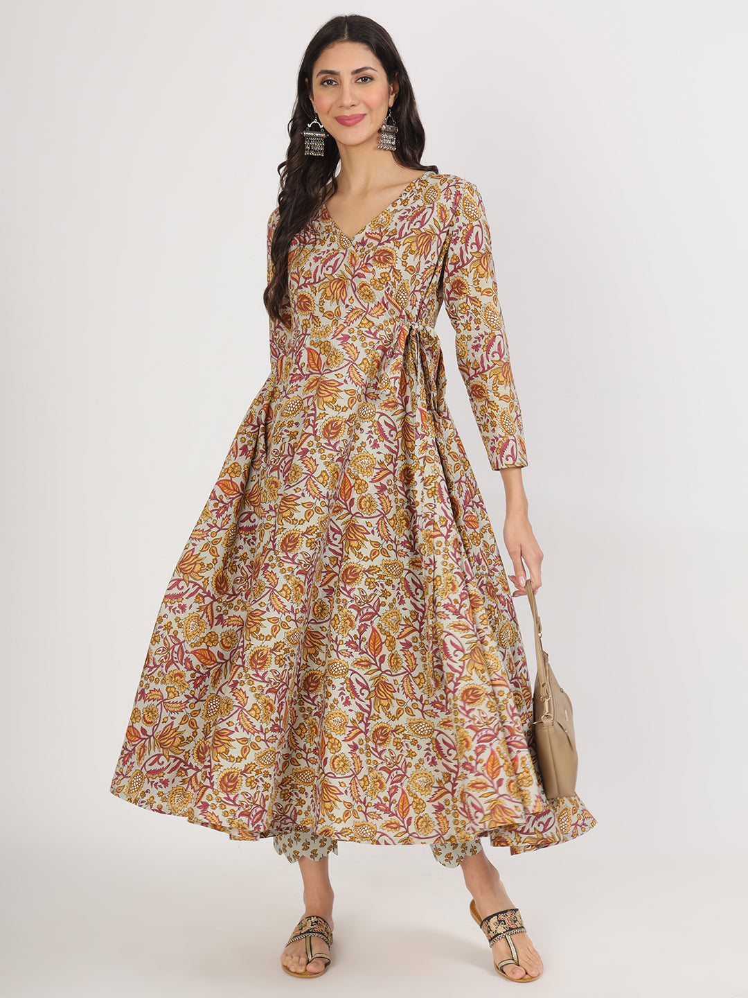 Green Floral Print Cotton Angrakha Kurta Pants set — view 1