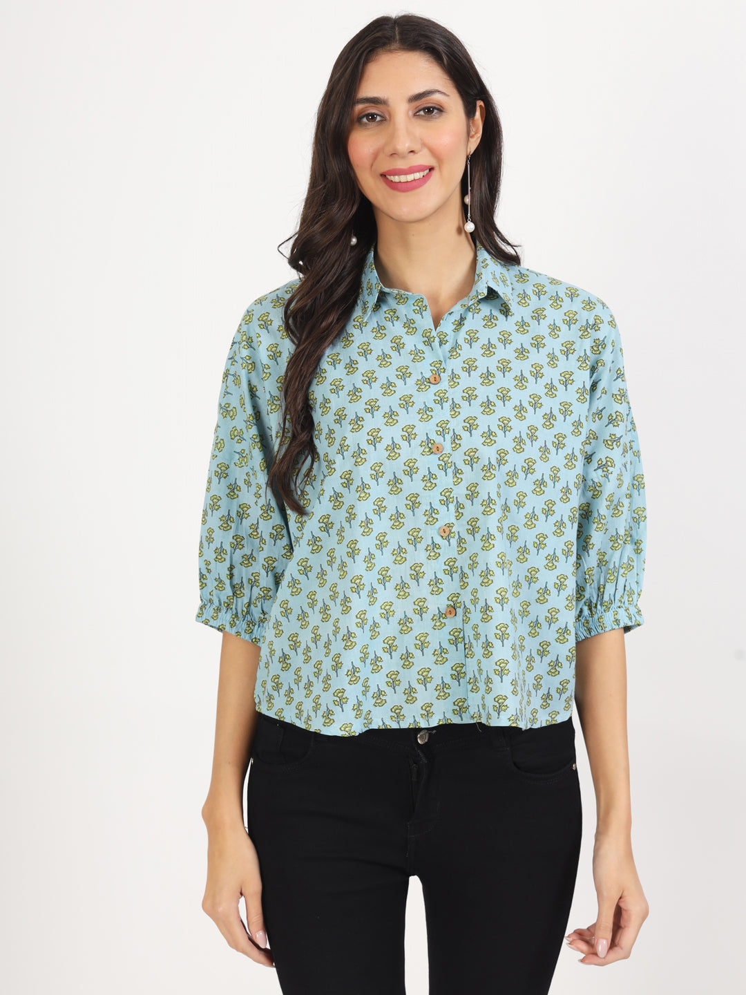 Sky Blue Floral Printed Cotton Tops — view 1