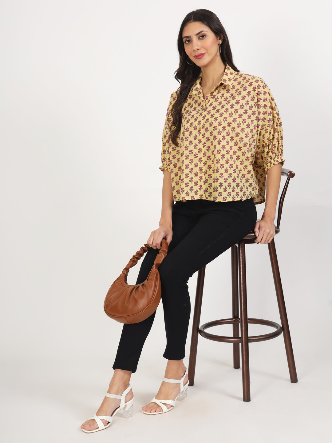 Beige Floral Printed Cotton Tops — view 1