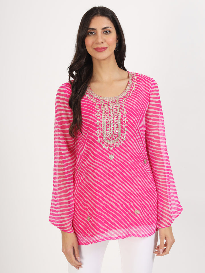 Divena Pink Leheriya Gotta Patti Work Geogratte Round Neck Top