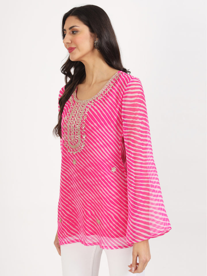 Divena Pink Leheriya Gotta Patti Work Geogratte Round Neck Top