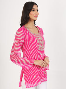 Divena Pink Leheriya Gotta Patti Work Geogratte Round Neck Top